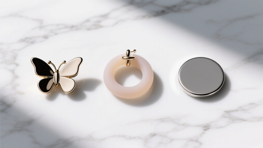 Overhead flat lay comparing three earring washer types: butterfly clutch, silicone o-ring, and flat disc back on white marble