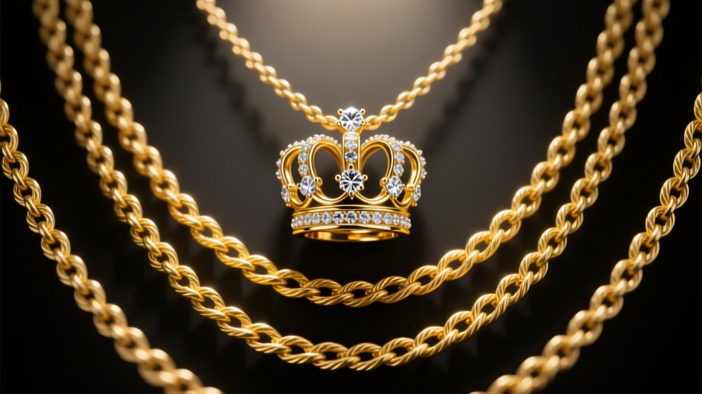 Layered gold chains with a diamond crown pendant on a yellow gold rope, shot against a dark backdrop with moody lighting