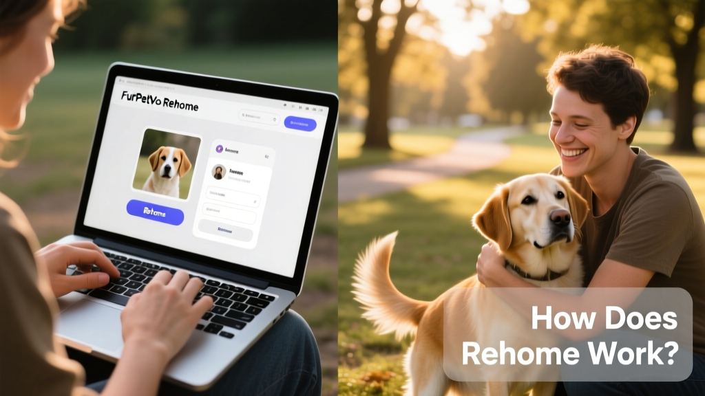 A split-image collage: left side shows a person uploading photos to a laptop screen displaying the FurPetVo Rehome interface; right side shows a smiling adopter gently holding a calm, relaxed dog outdoors