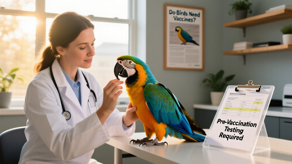 Veterinarian gently examining a macaw during a wellness check, highlighting the importance of pre-vaccination testing