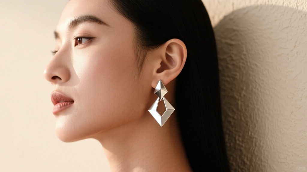 Side profile of a model with an angular jawline wearing geometric silver short dangle earrings against a minimalist beige wall.