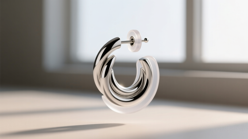 Clear silicone earring support pads applied to a heavy silver swirl earring post to prevent earlobe drooping and sagging issues.