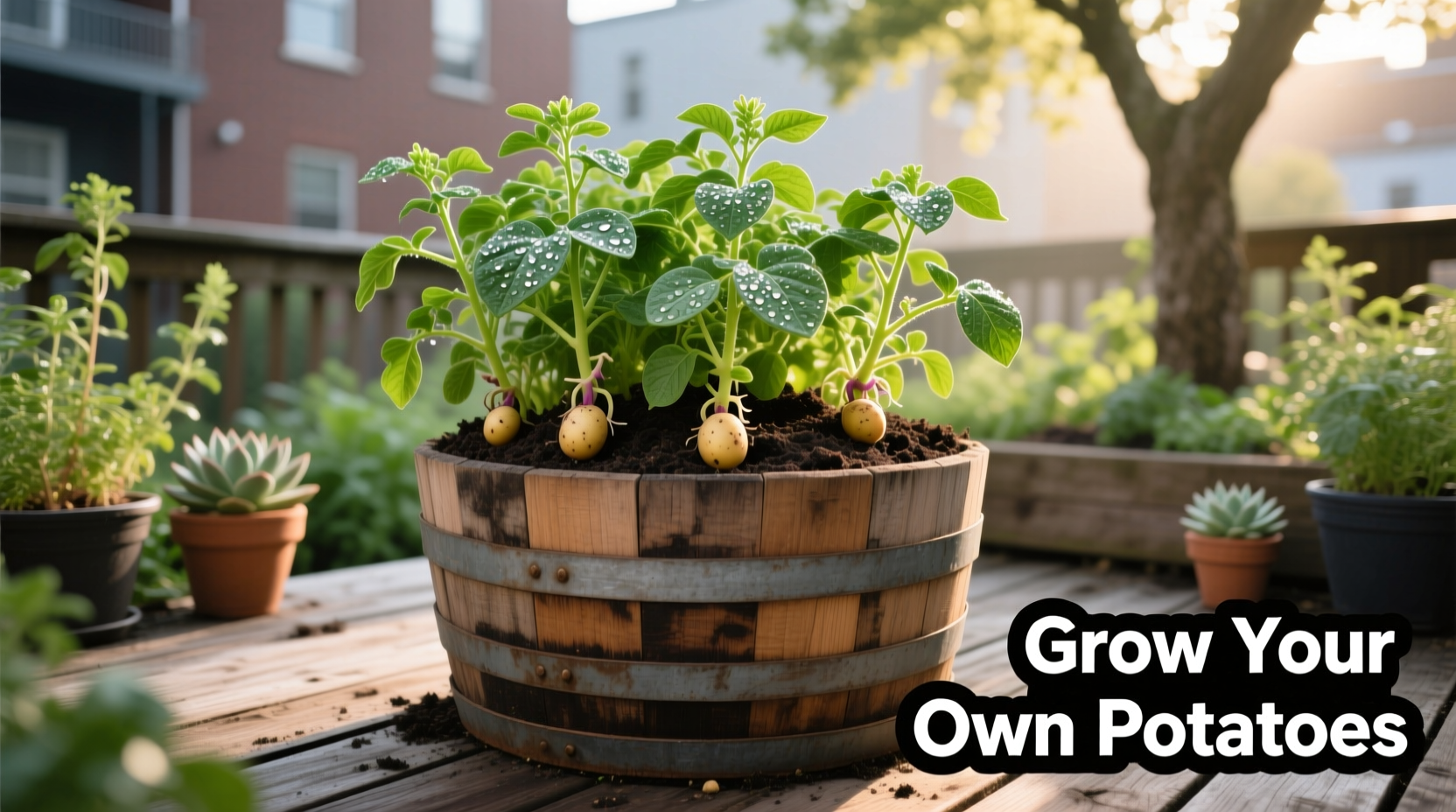 Potato barrel gardening setup with growing plants