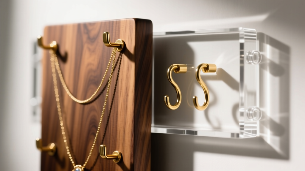 Macro shot of a solid walnut wood necklace organizer with brass hooks beside a clear cast acrylic wall mount jewelry board.
