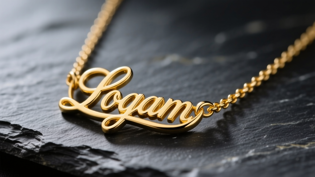 Close-up of a 14-gauge solid 14k yellow gold custom monogram necklace with interlocking cursive letters resting on dark slate.