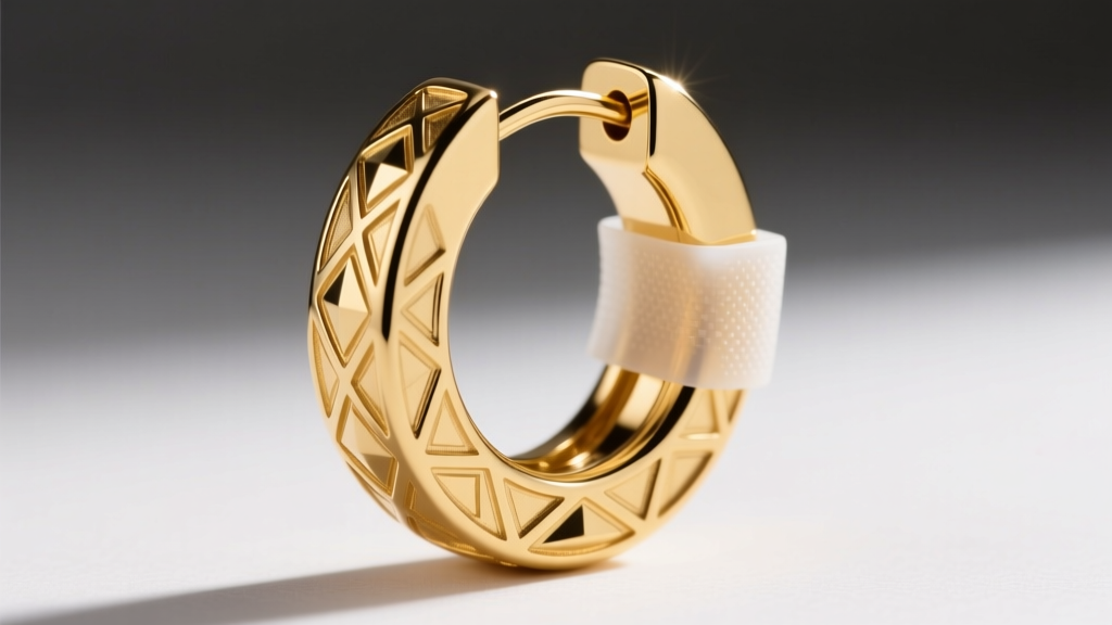 Close-up of a heavy 14k gold statement hoop earring, showing a clear silicone earlobe support patch on the back, studio light