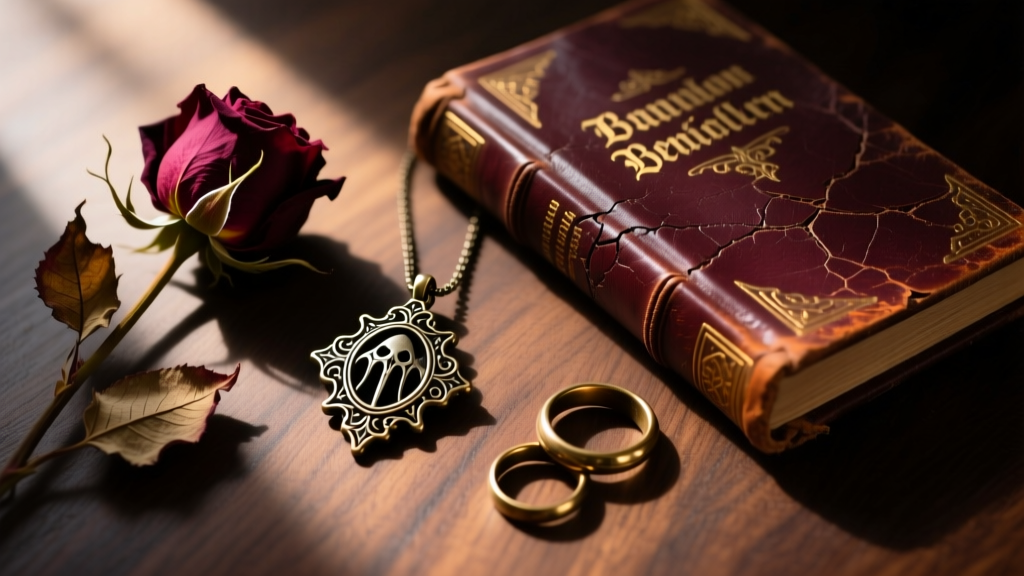 Flat lay of dark academia fashion featuring a horror replica pendant, leather-bound book, dried roses, and brass rings on wood.