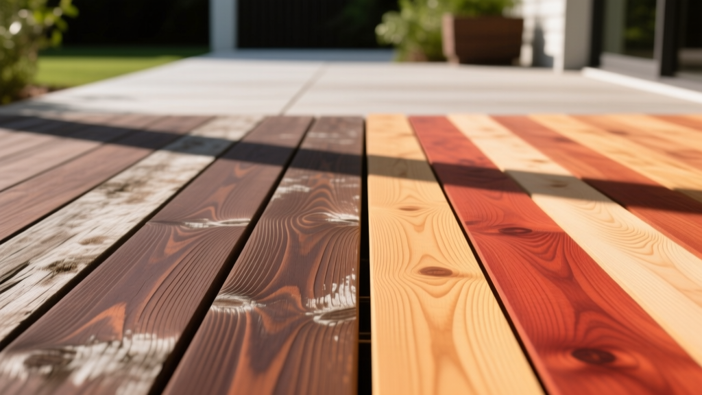 Weathered Ipe hardwood deck boards alongside fresh cedar planks showing distinct grain patterns and color variations in bright sunlight