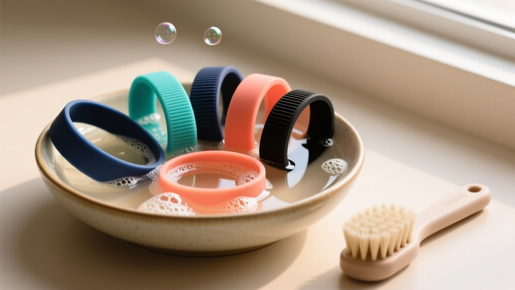 Assortment of silicone and nylon sport bands soaking in a bowl of warm soapy water next to a soft-bristled cleaning brush