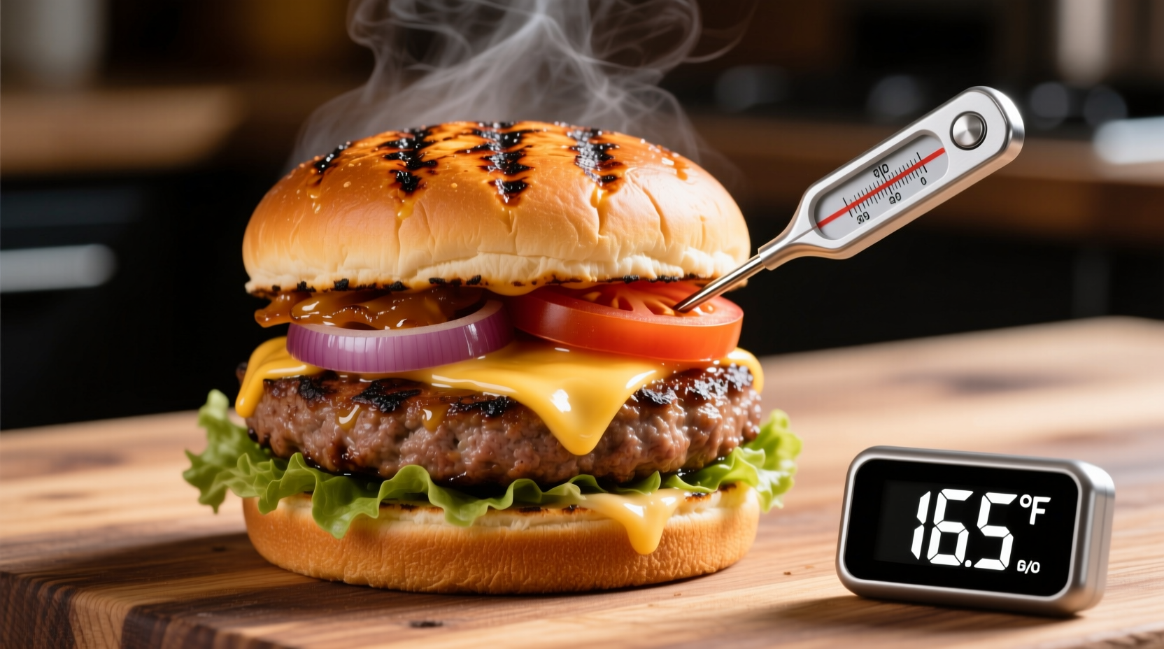 Perfectly grilled frozen burger with thermometer reading
