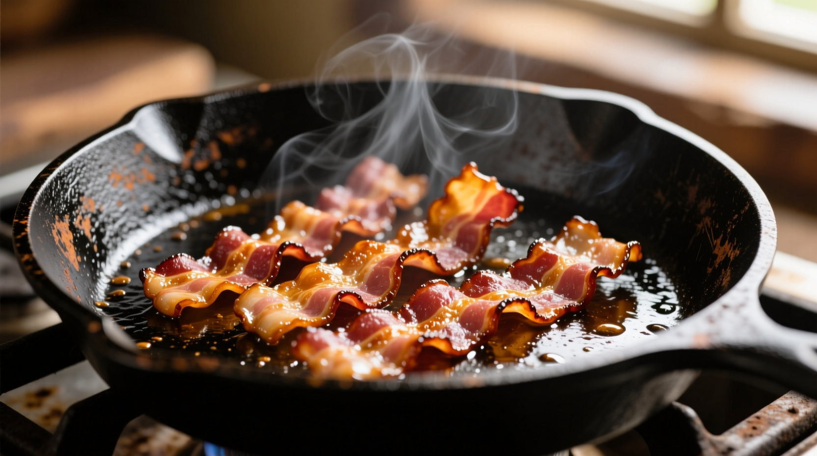 Perfectly cooked crispy bacon strips in cast iron skillet
