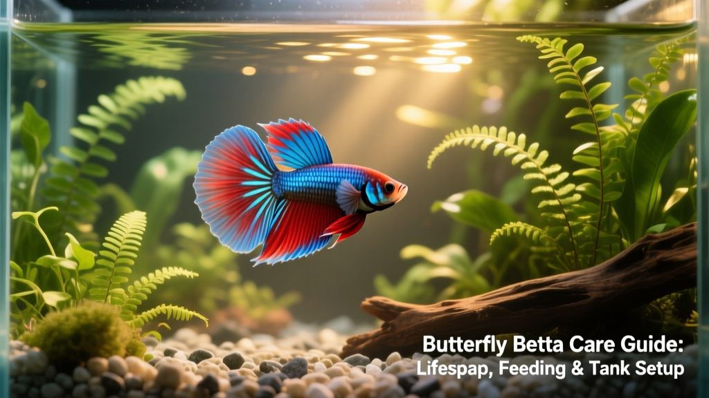 Butterfly Betta swimming gracefully amid lush aquatic plants in a well-maintained 10-gallon aquarium
