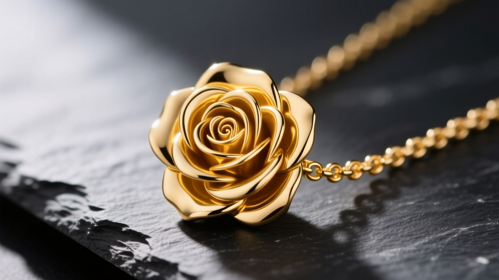 Macro shot of a 14k yellow gold 3D rose charm necklace on dark slate, showing detailed petal textures and a sturdy box chain.