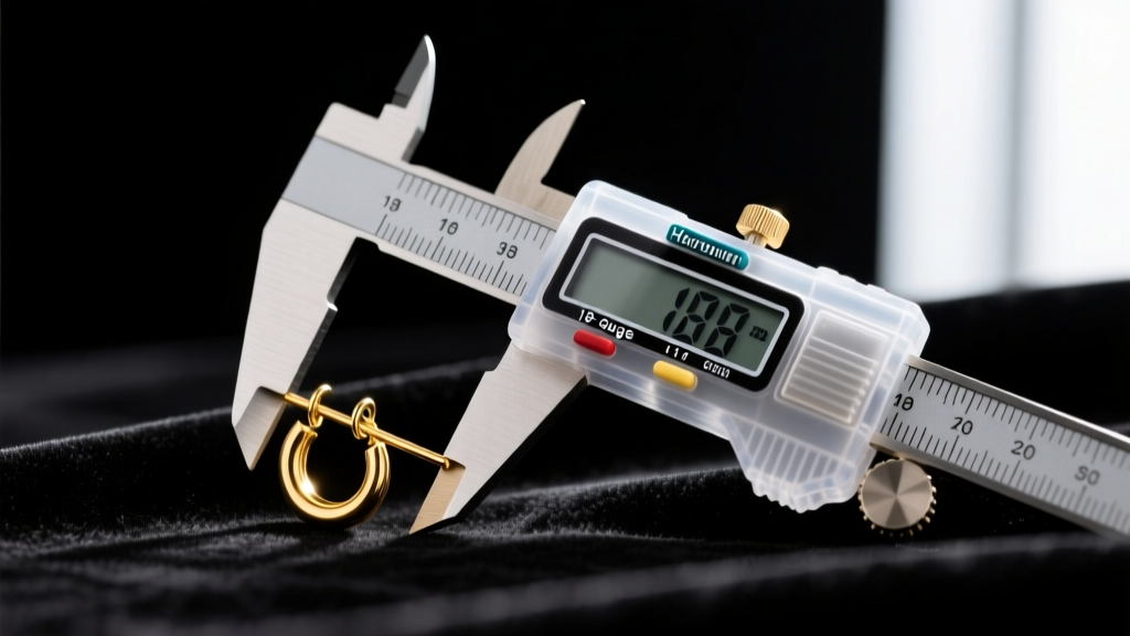 Macro photo of digital calipers measuring the wire thickness of an 18-gauge gold earring post resting on dark velvet fabric