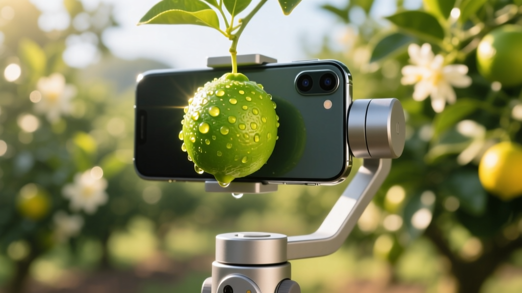 Close-up of a smartphone mounted on a gimbal capturing a vibrant green lime with water droplets in a sunlit outdoor orchard setting