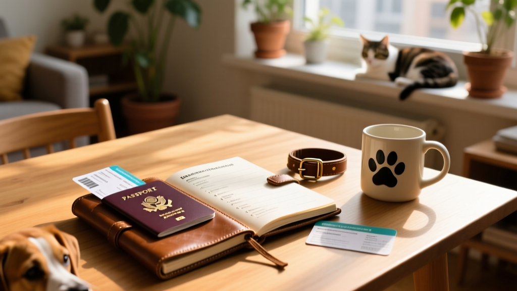 A neatly organized travel checklist on a notebook beside a passport, boarding pass, and vaccination card