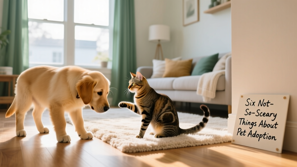 A calm, supervised introduction between a newly adopted dog and a curious but cautious cat in a cozy home setting