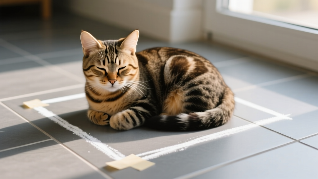 Close-up of a tabby cat resting inside a white square outline on a cool tile floor
