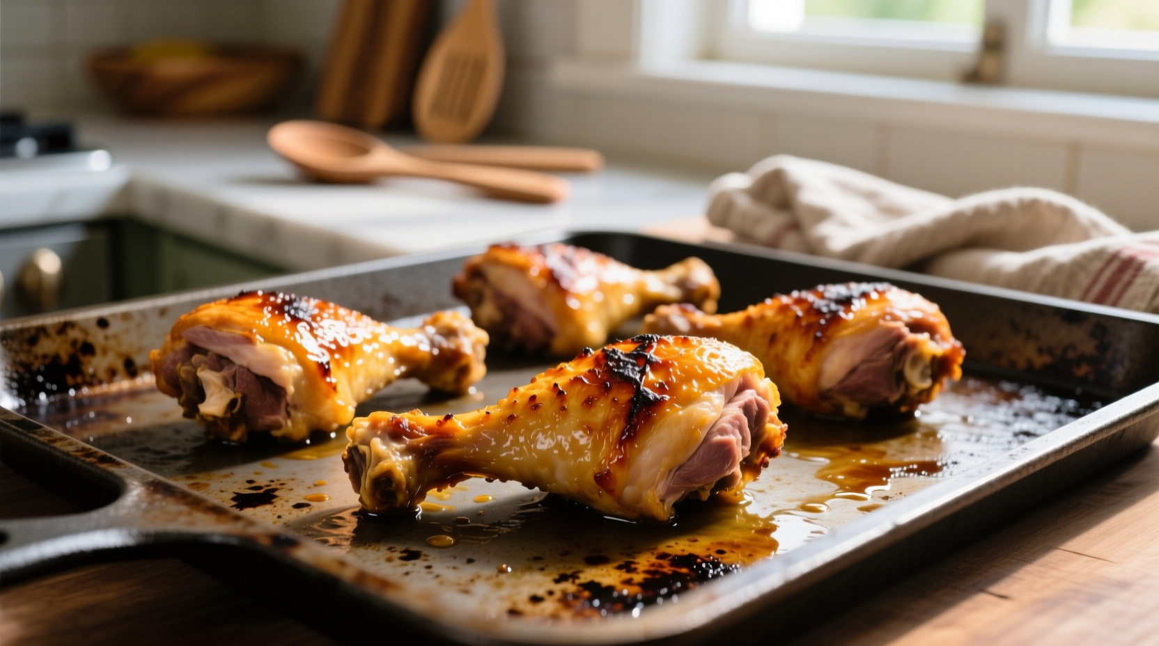 Crispy golden chicken legs on baking sheet