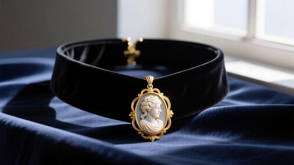 A black velvet victorian choker necklace with a hand-carved shell cameo pendant in 14k gold, resting on dark silk fabric.