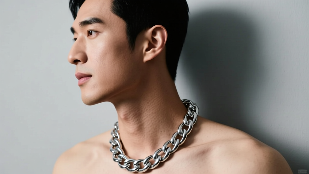 Side profile of a man wearing a thick 12mm hollow-core sterling silver curb chain, showing how it drapes without pulling neck skin
