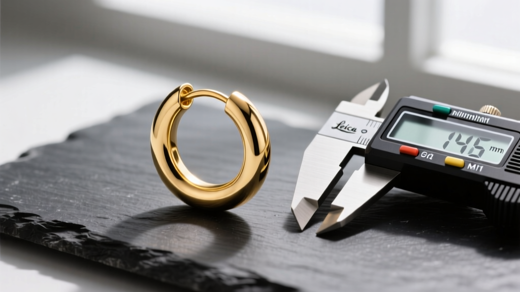 Macro photo of a 14-karat solid gold seamless hoop earring on dark slate next to a digital caliper measuring exactly one millimeter