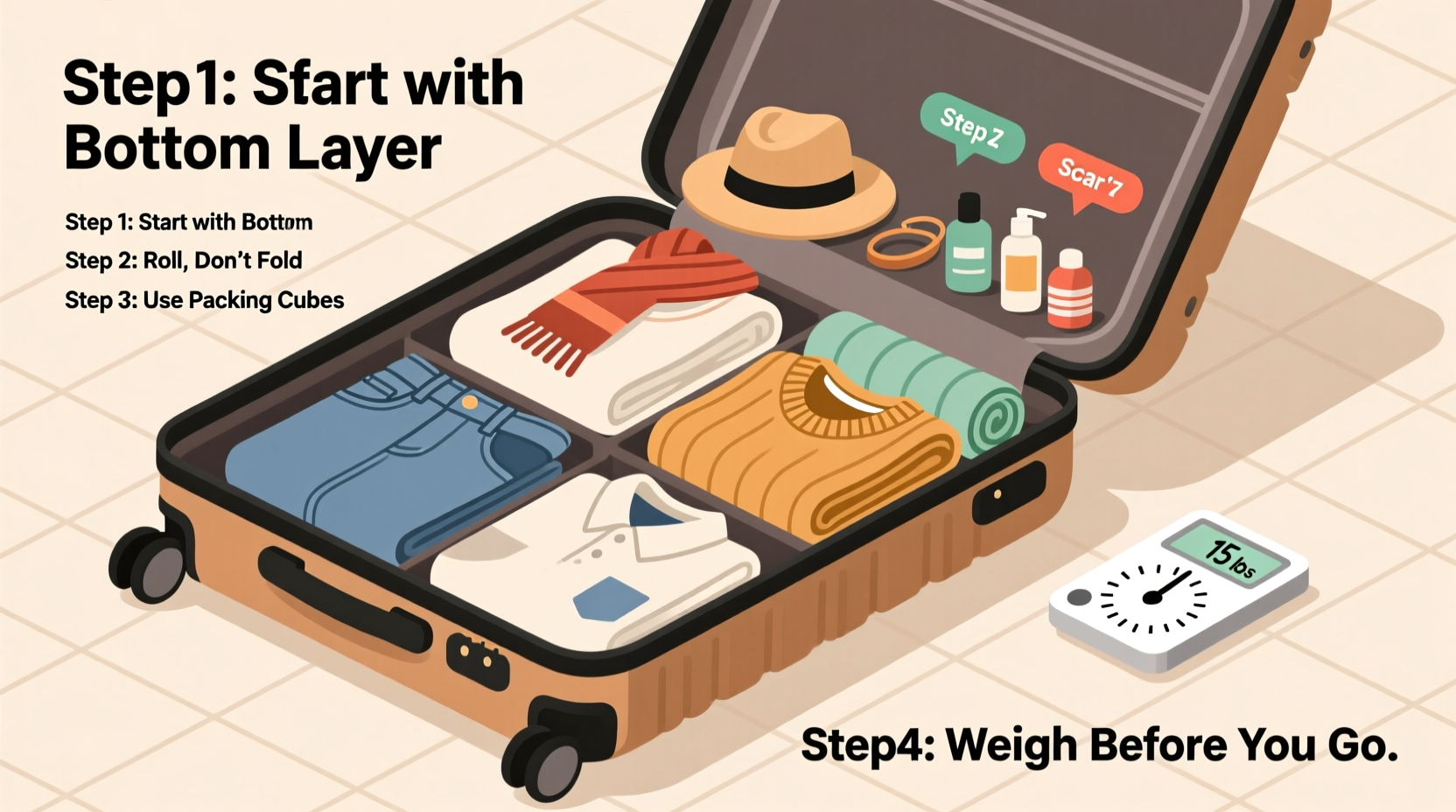 how to pack a suitcase efficiently for a week in under 15 pounds