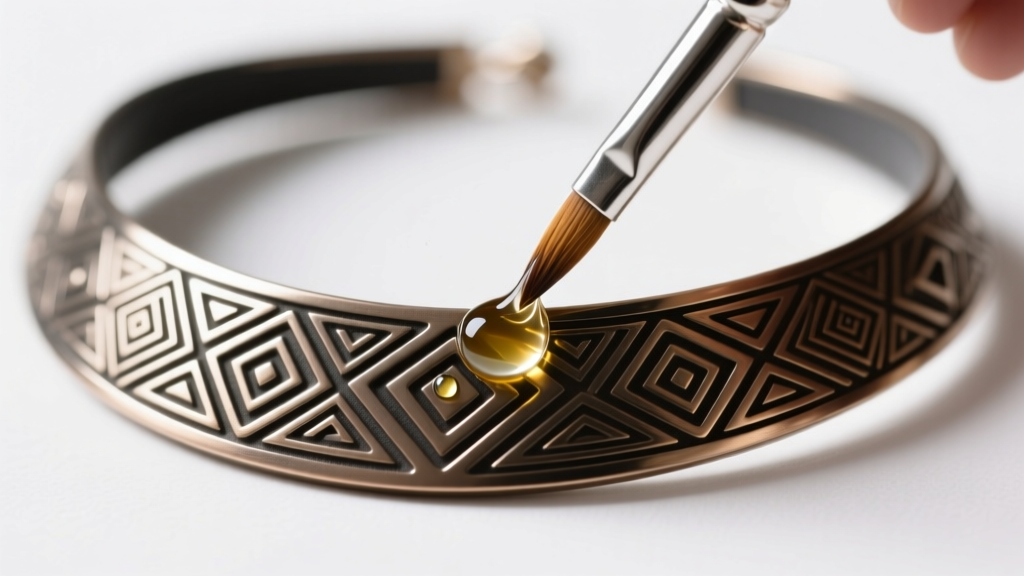 A small brush applying clear protective polymer coating to the back of a base-metal Wakanda-inspired tribal collar necklace piece.
