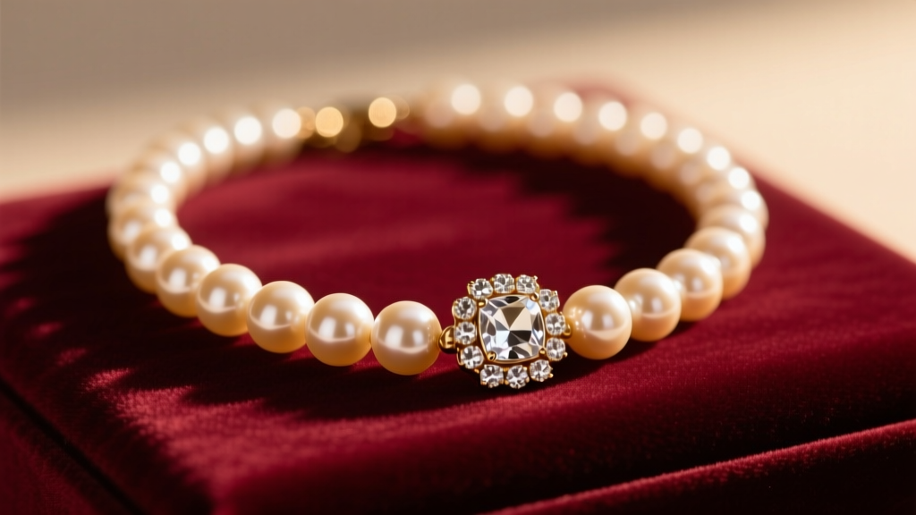 Macro shot of a Juicy Couture pearl necklace on velvet, showing faux pearls and a crystal clasp under soft warm lighting.