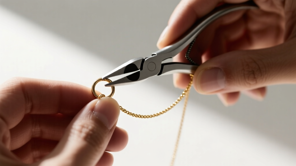 Jeweler hands using flat-nose pliers to carefully open a 20-gauge silver jump ring attached to a delicate gold micro-cable chain