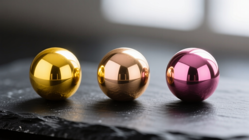 Macro shot of three gold beads showing yellow, rose, and deep pink gold variations side-by-side on a dark slate background.