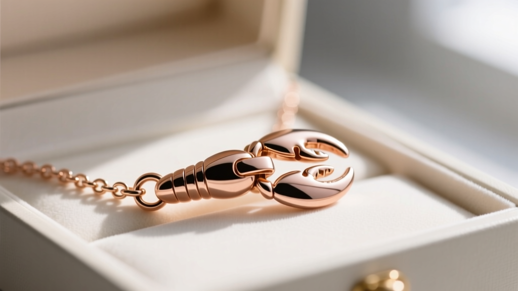 Macro shot of a rose gold vermeil todo necklace clasp and box chain, showing the polished finish and lobster claw mechanism.