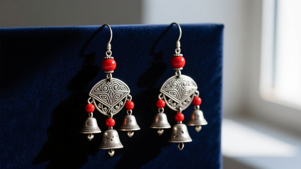 Heavy traditional Jacla earrings in oxidized silver with hanging bells and red beads, displayed on a dark velvet background.
