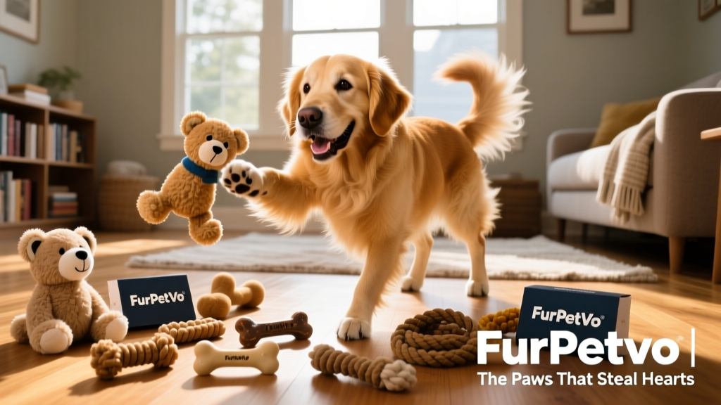 Teddy happily playing with the same toy at home, tail wagging, surrounded by other FurPetVo-branded toys and chewables