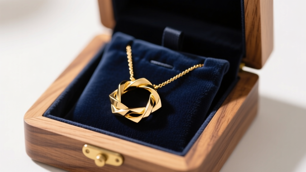 Gold-plated interlocking rings pendant necklace stored in an anti-tarnish velvet pouch inside a small cedar wood jewelry box.