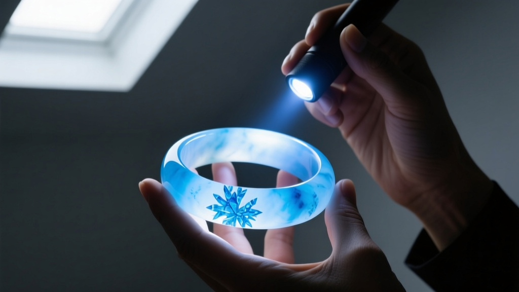 Gemologist hands holding a long-wave UV flashlight over a blue jade bangle, revealing chalky fluorescence in a dark room.