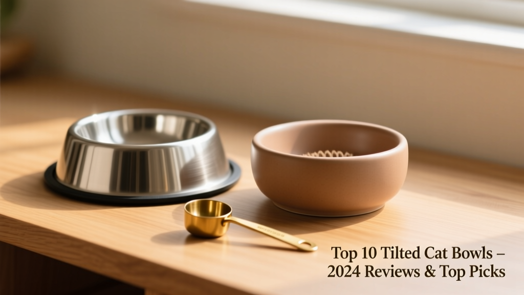 Two FurPetVo tilted bowls side by side—one stainless steel, one matte ceramic—on a light wooden surface with a small measuring spoon nearby