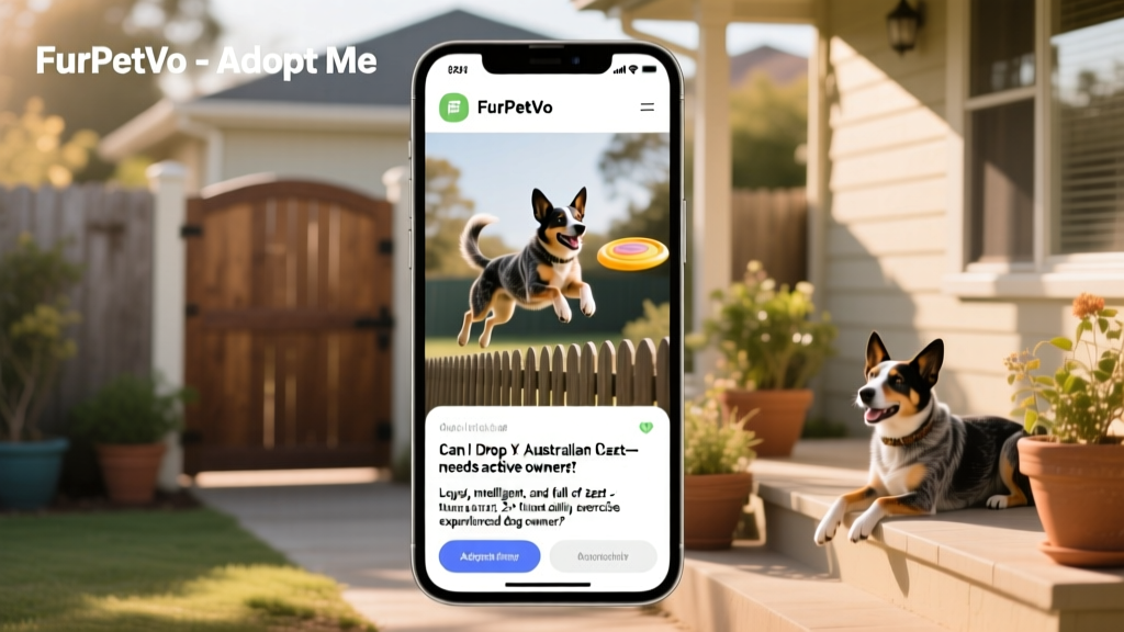Screenshot of a FurPetVo pet profile page showing an Australian Cattle Dog with photos, bio, and adoption criteria