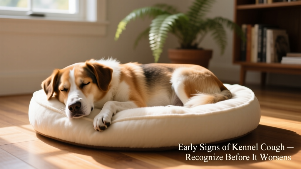 A calm, slightly lethargic dog resting on a soft bed, with a gentle expression—illustrating early-stage kennel cough