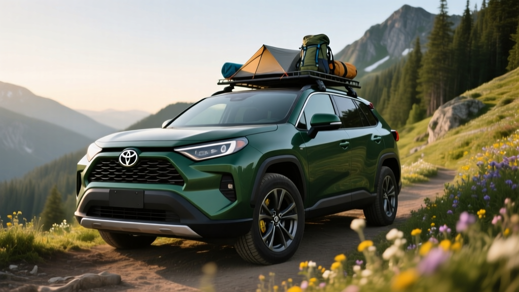 2026 Toyota RAV4 Hybrid parked on a scenic mountain trail showcasing its rugged exterior design and roof rack cargo accessories