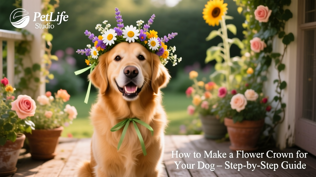 A golden retriever smiling proudly while wearing a vibrant flower crown, sitting on a sunlit porch with a floral backdrop