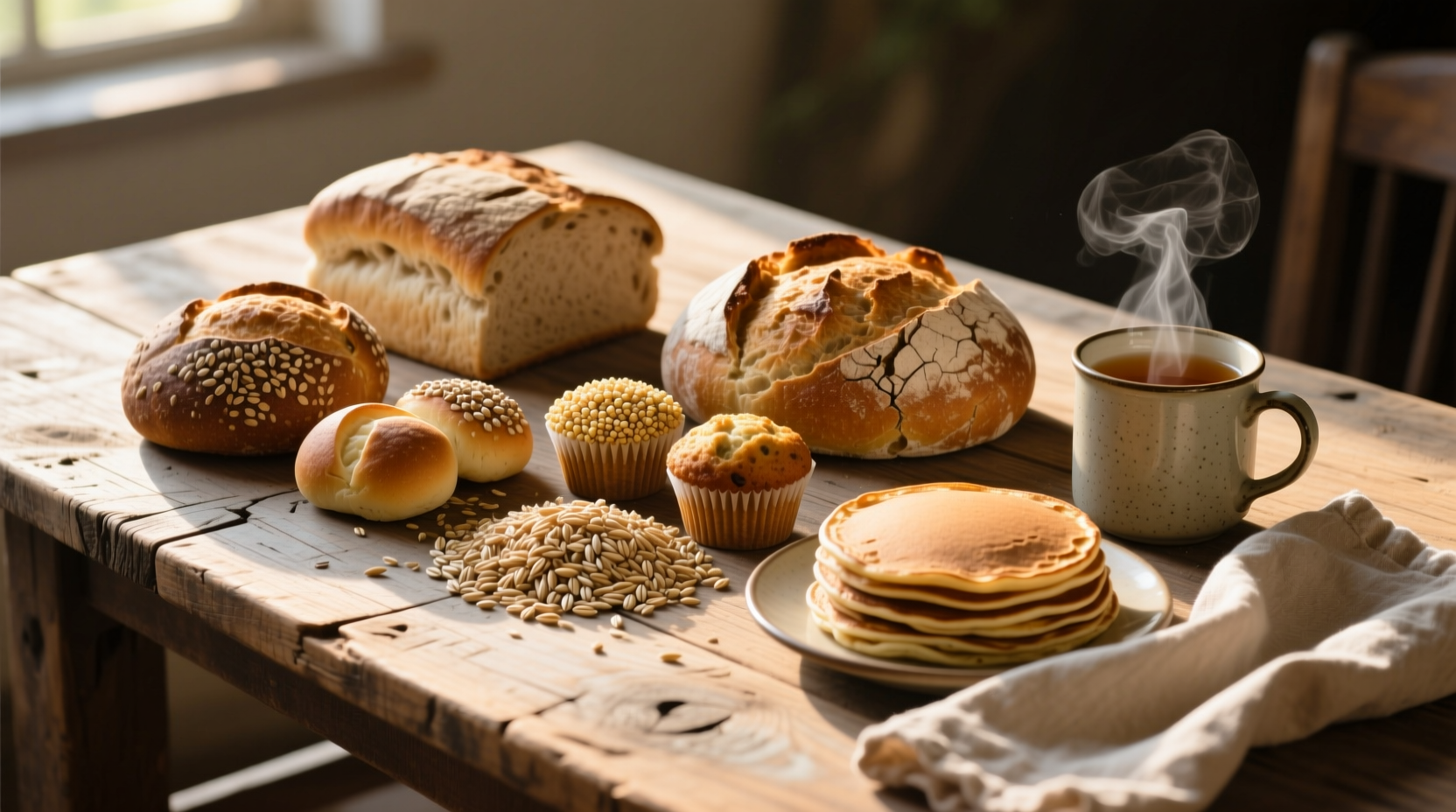 Assorted whole grain carbohydrate foods on wooden table