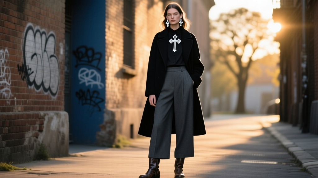Street-style portrait of a model in dark academia attire, wearing medium silver cross earrings catching the warm sunset light.