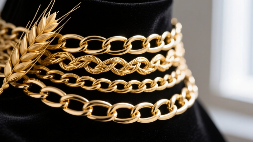 Macro close-up of gold wheat, figaro, and box chain weaves on black velvet, highlighting link structures and tangle resistance
