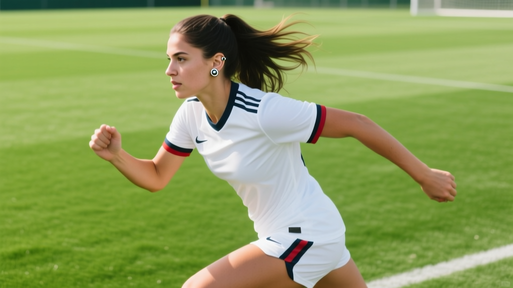 Female soccer player on a green pitch wearing flush 18-gauge titanium flat-back labret studs in her earlobes under bright daylight