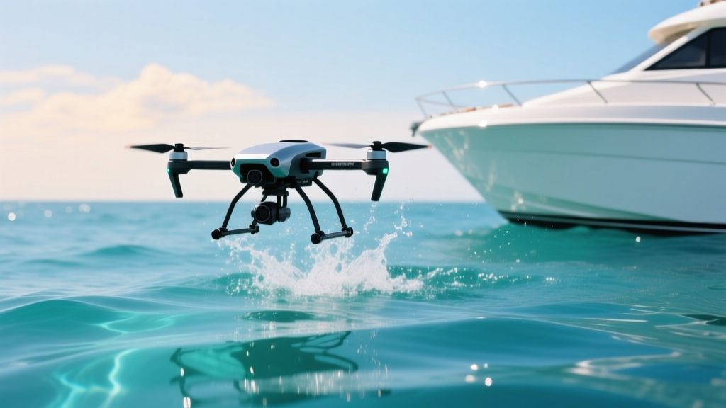 SwellPro SplashDrone 4 hovering just above the ocean surface with water splashing against its landing gear near a white center console boat