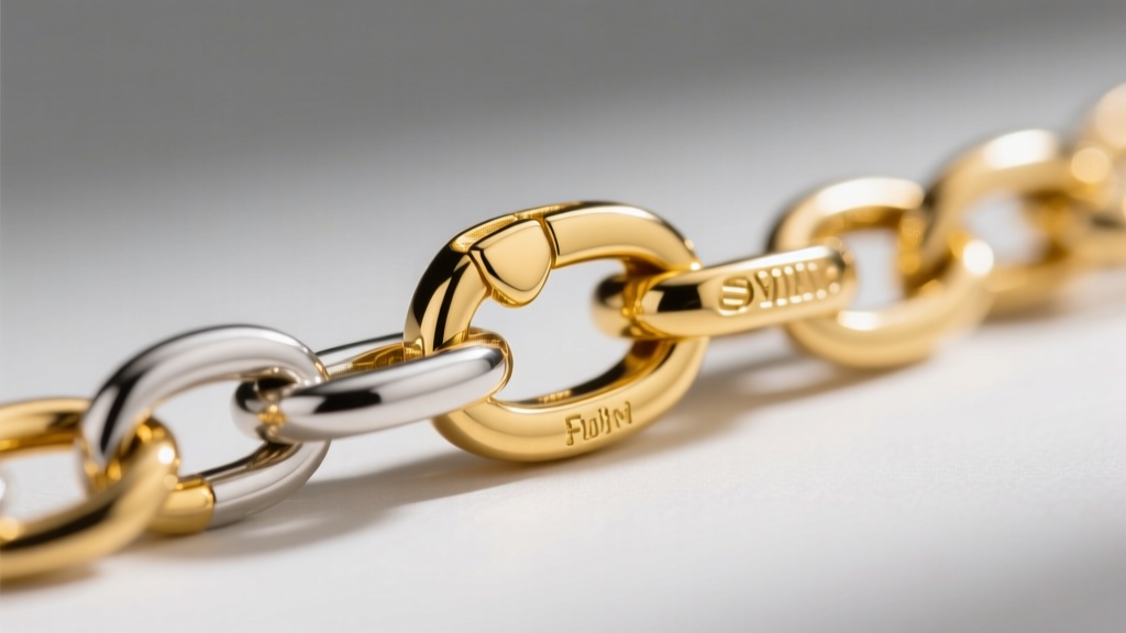 Macro shot of a gold vermeil chain link showing the yellow finish over sterling silver, highlighting a delicate gold lobster clasp.