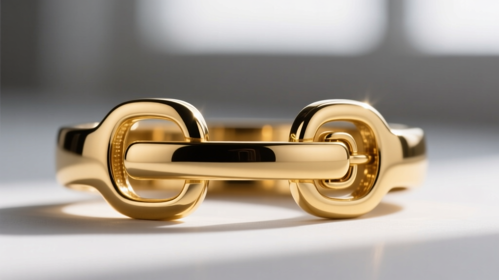 Close-up of a jewelry clasp showing heavy gold electroplating stamp and a sturdy brass base metal exposed slightly at the edge.