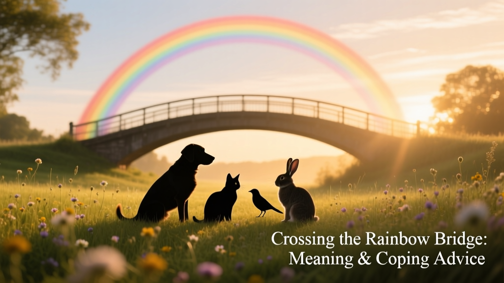 A gentle, symbolic illustration of a rainbow bridge arching over a peaceful meadow with silhouettes of pets waiting on either side