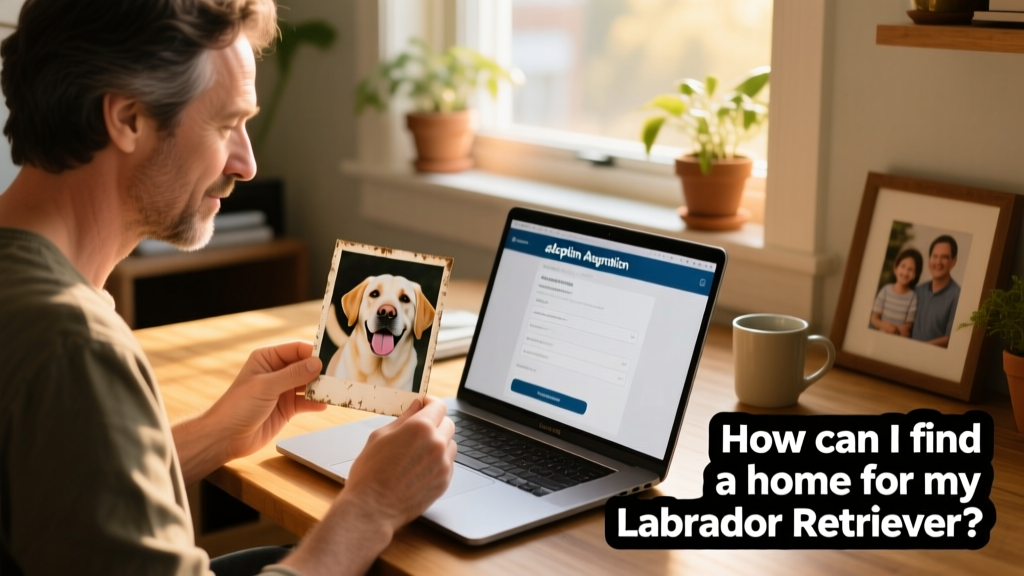 A person reviewing a digital adoption application on a laptop while holding a photo of their Labrador Retriever